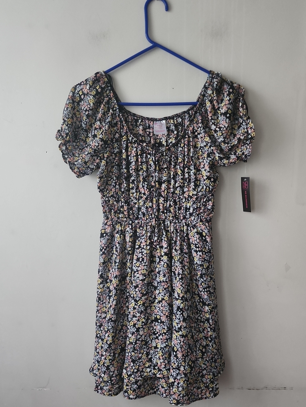 No Boundaries Black Floral Smocked Neck Puff Sleeve Dress